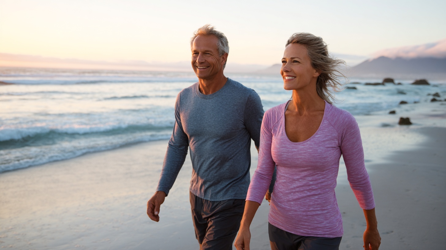 Couple walking on beach at sunset